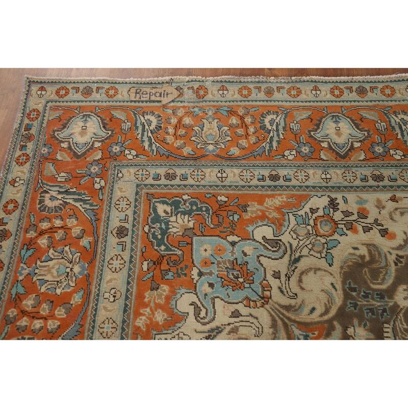Brown Floral Tabriz Persian Area Rug Hand-Knotted Wool Carpet - 9'6"x 13'0"