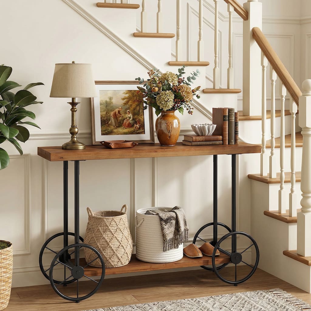 47.24-inch Solid Wood Industrial Entryway Console Table with Storage - 11.61" D x 47.24" W x 31.5" H