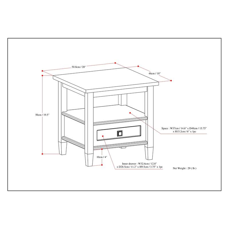 20 inch wide Rectangle Rustic End Side Table in Black with Storage, 1