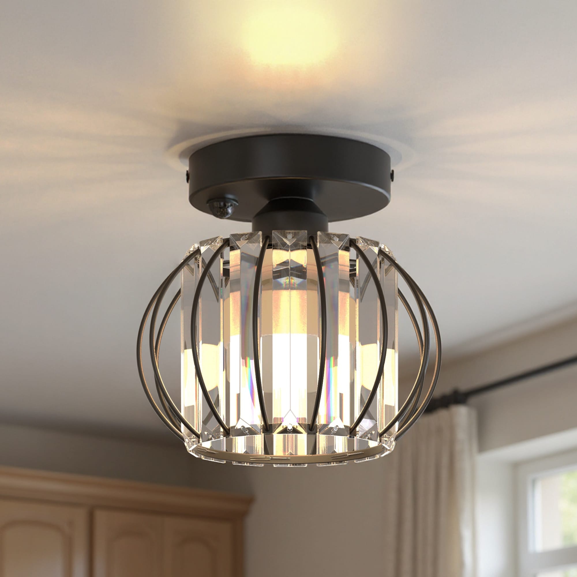 YANSUN Matte Black Ceiling Light Flush Mount Light Geometric Crystal Design