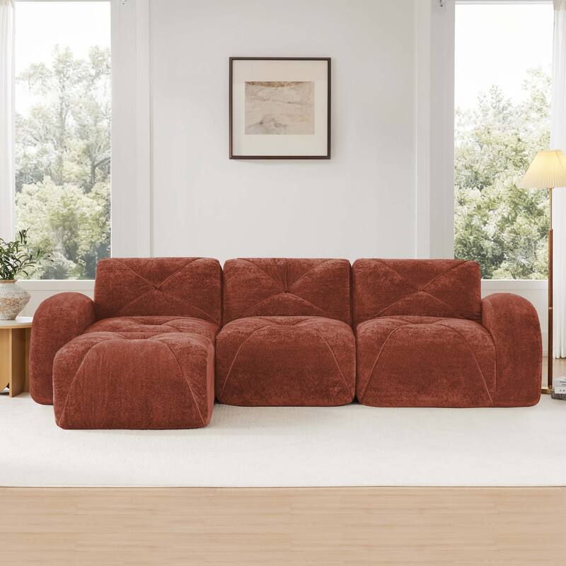 L-shaped Soft Velvet Fabric, Boneless Sofa, Tufted Design, Ergonomic Design Bottom, 32D High Density Sponge