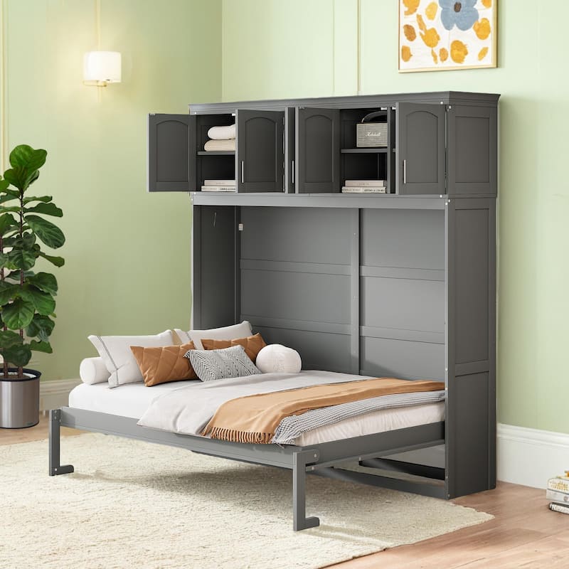 Full Size Wooden Murphy Bed Wall Bed with Top Cabinets - Gray