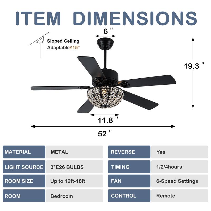 Cusp Barn 52 Inch Modern Crystal Black Ceiling Fan with Light, Noiseless DC Motor 6 Speeds Caged Ceiling Fan for Living Room