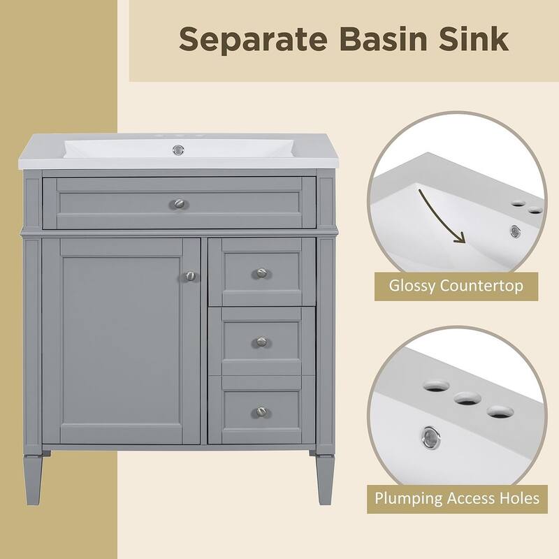 30" Modern Bathroom Vanity with Top Sink and 2 Drawers and a Tip-out Drawer