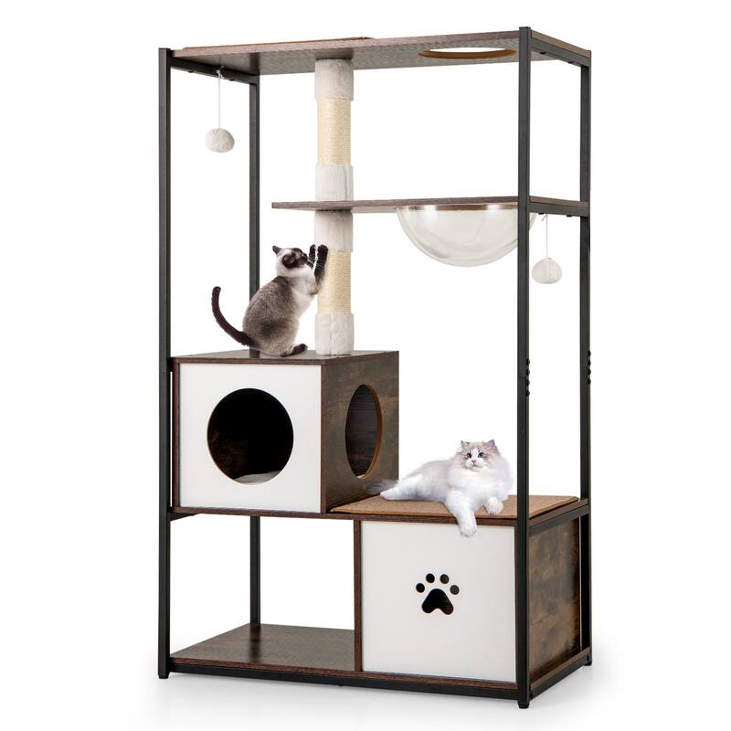 52" Cat Tree with Wood and Metal Frame Plush Condos Carpet Platforms and Hanging Toys - 32" x 17.5" x 52" (L x W x H)