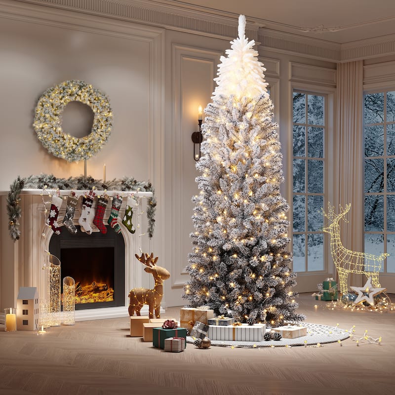 6FT Purple Gradient Pencil Christmas Tree – Prelit with 100 Dual Color LEDs, Snow Flocked, 320 Branch Tips,Metal Stand - 7.5 Foot - White & Black