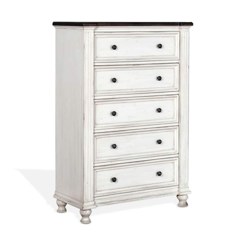 Orso Tall Dresser Chest, 5 Drawers, Panel Detailed White Mahogany Wood