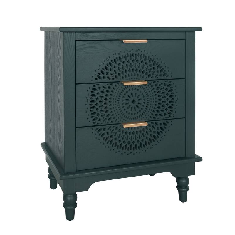 Roomfitters Hollow Carved 3 Drawer Dresser, Accent Storage Cabinet with Metal Handles, Green