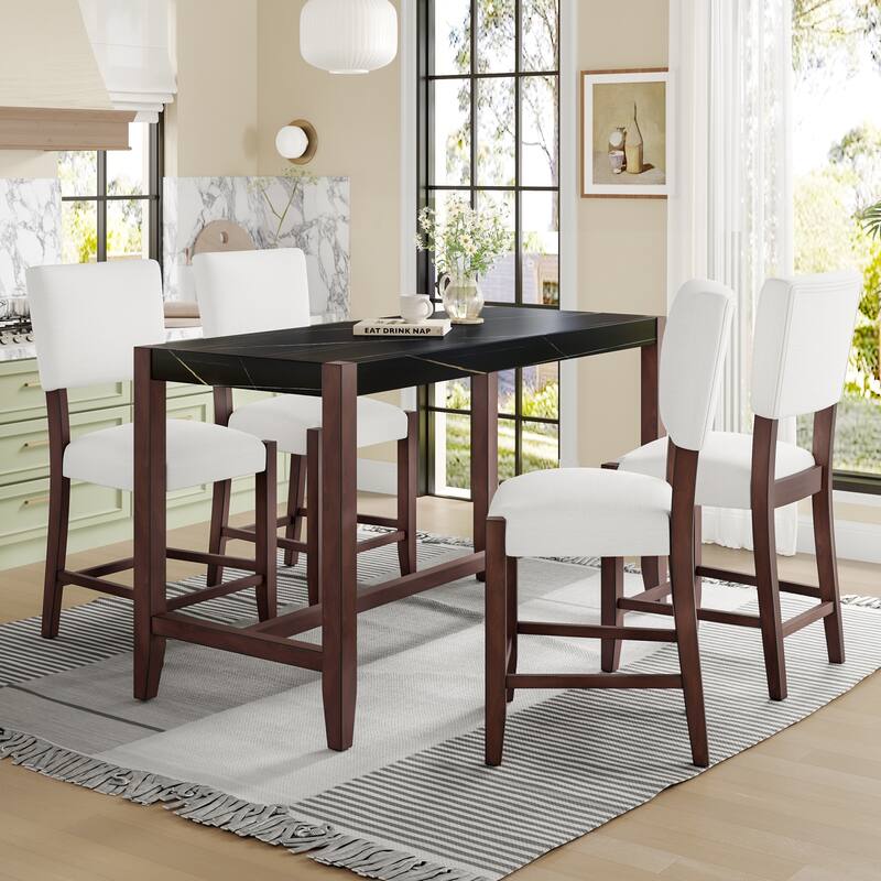 5 Piece Counter Height Dining Table Set wFaux Marble Bar Table & 4 Upholstered Seat Chairs Rectangular Dining Table Set - Beige