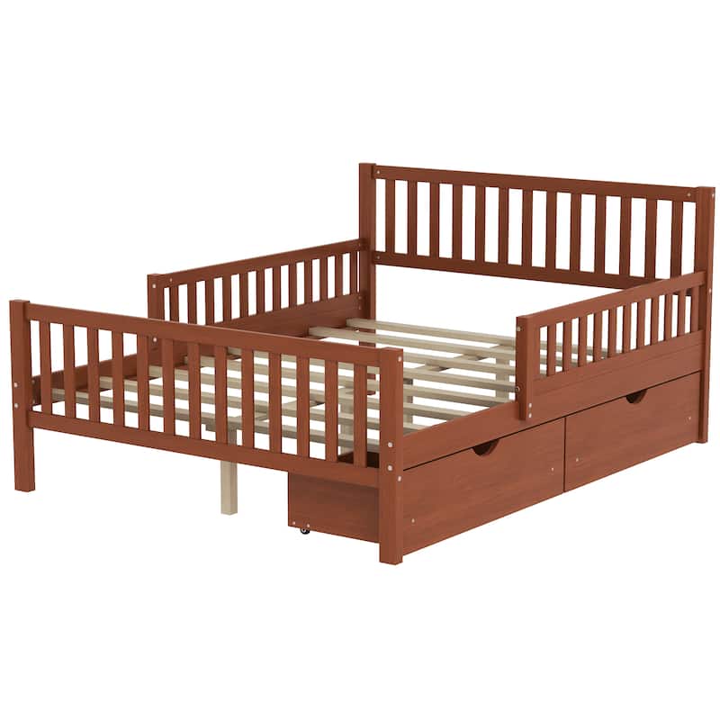 Roomfitters Full Size Wood Platform Bed with Guardrails and 2 Storage Drawers, Walnut