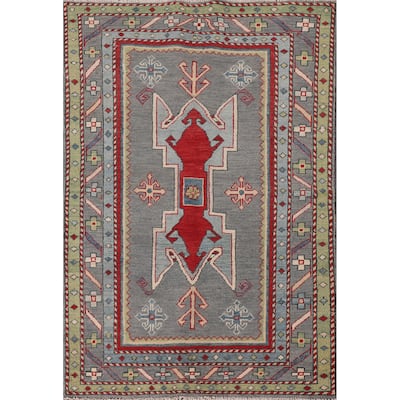 Gray Geometric Kazak Oriental Accent Rug Hand-Knotted Wool Carpet - 3'4"x 5'0"