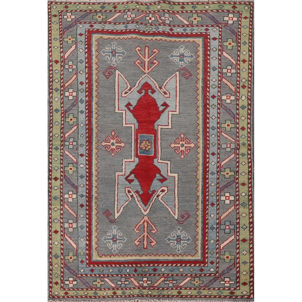 Gray Geometric Kazak Oriental Accent Rug Hand-Knotted Wool Carpet - 3'4"x 5'0"