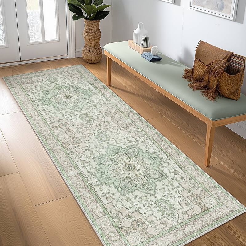 Mcow Green Floral Faded Low Pile Machine Washable Non-Slip Area Rug - 2'X6' - 2'X7' - Clear - Rectangle