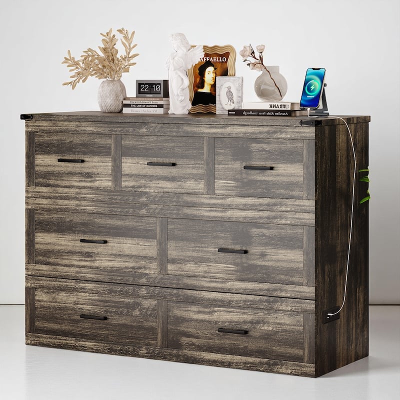 Foldable Murphy Bed Cabinet Full/Queen with USB & Type-C Ports and Storage Drawer for Guest Room