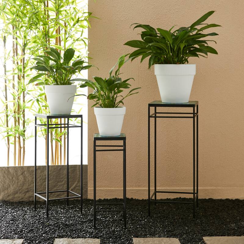 Glitzhome Set of 3 Metal Nesting Planter Stands Square Plant Holder with Green Pattern Ceramic Tiles Table Top