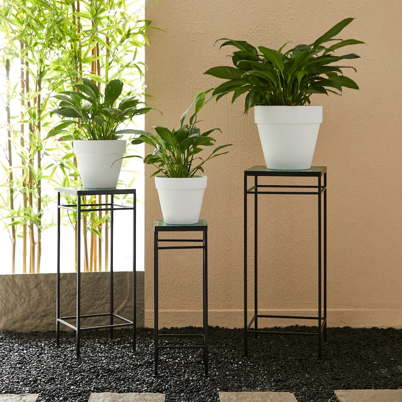 Glitzhome Set of 3 Sqaure Metal Planter Stands Flower Racks with Green Pattern Ceramic Tiles Table Top
