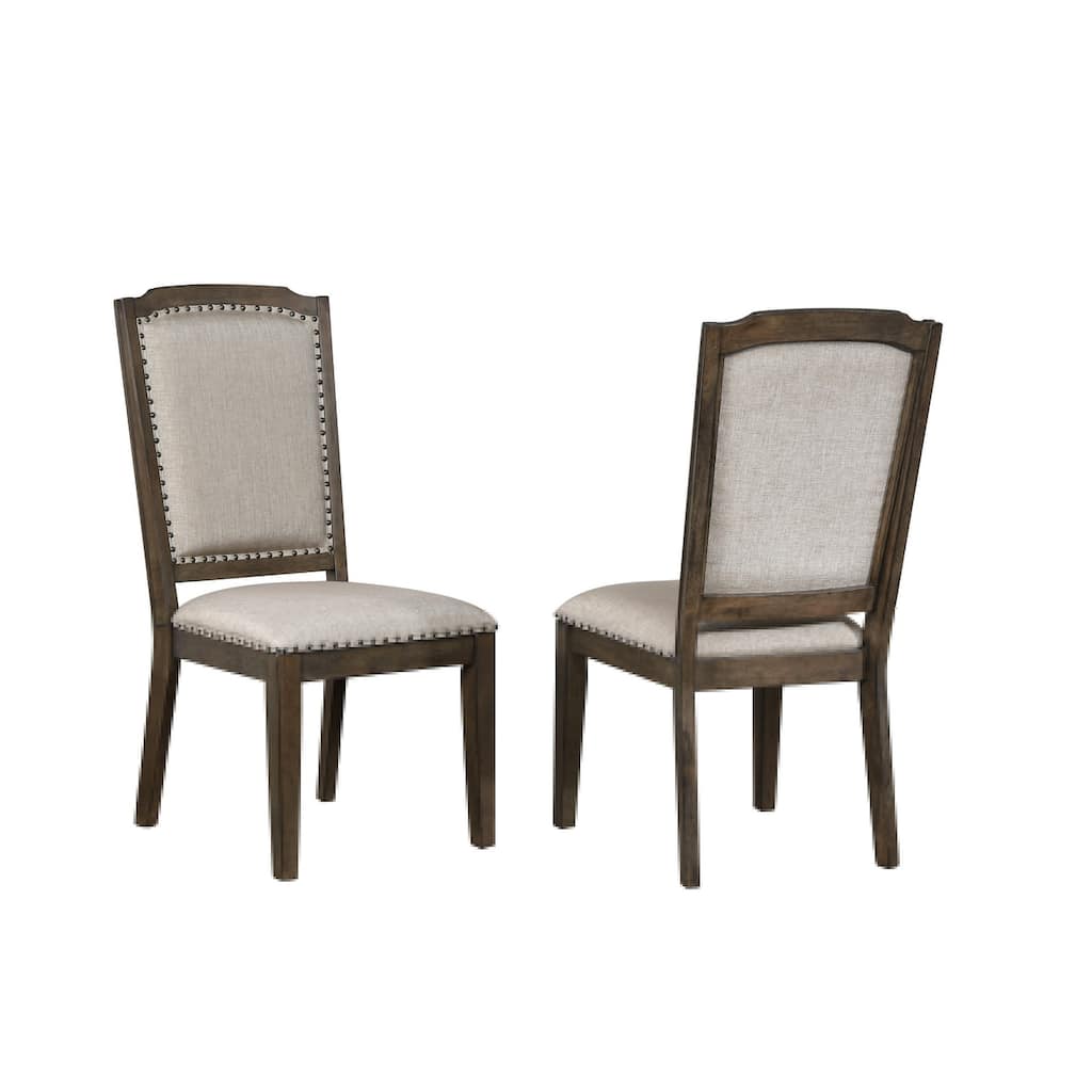 set of 2 brown and white upholstered fabric wooden dining chairs 41"