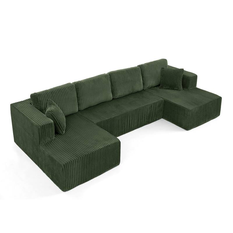 U Shape Modular Sectional Sofa with Dual Chaise Lounges, Corduroy Upholstered Sleeper Sofa, Comfy Compressed Sectional Sofa