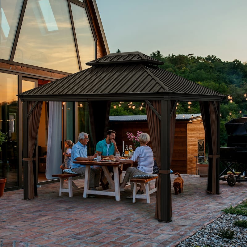 12x10ft Outdoor Double-Roof Aluminum Gazebo with Curtains and Mosquito Netting