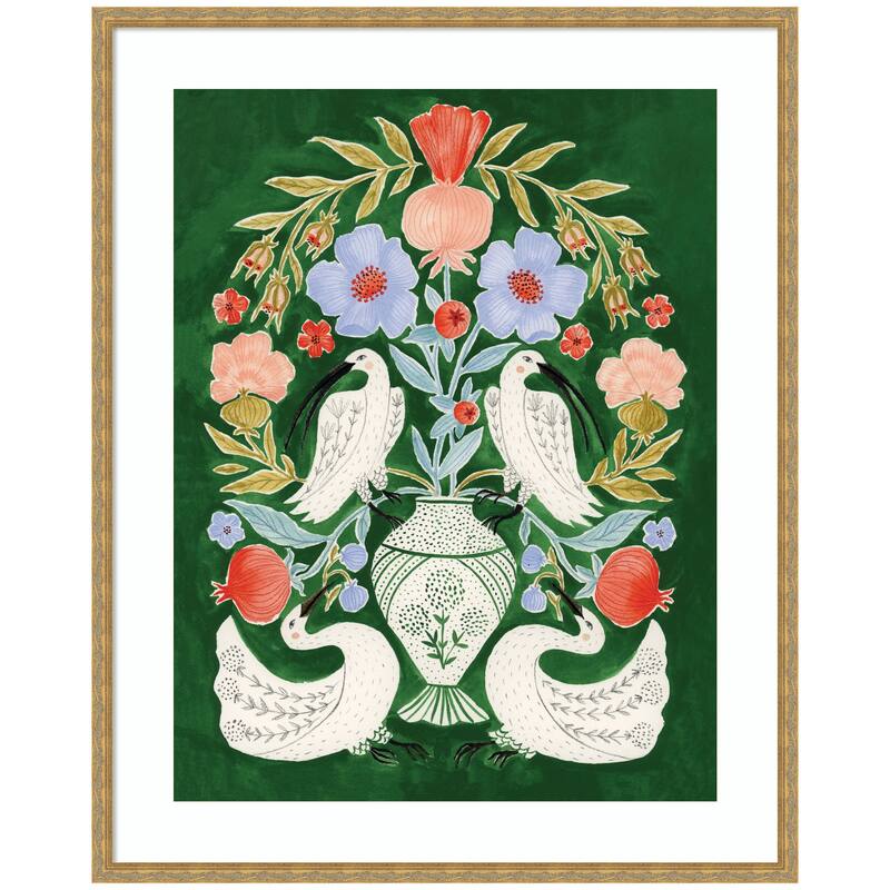 Kate and Laurel Floral Folklore Ibises and Swan by Jill Labieniec Framed Wall Art Print - 34 x 42 - Gold