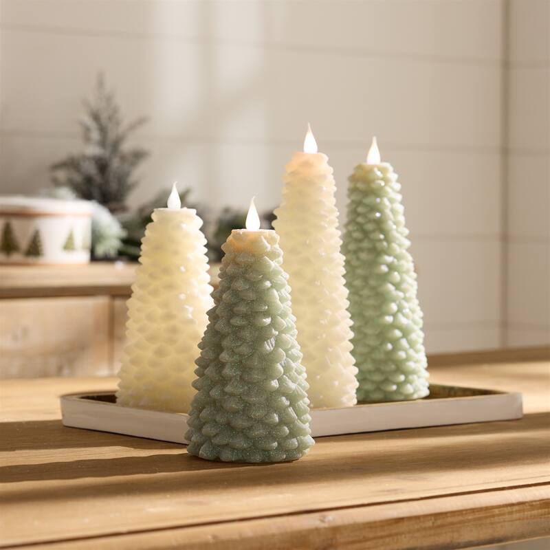 LED Lighted Glittered Pine Tree Christmas Candles - 8" - Cream