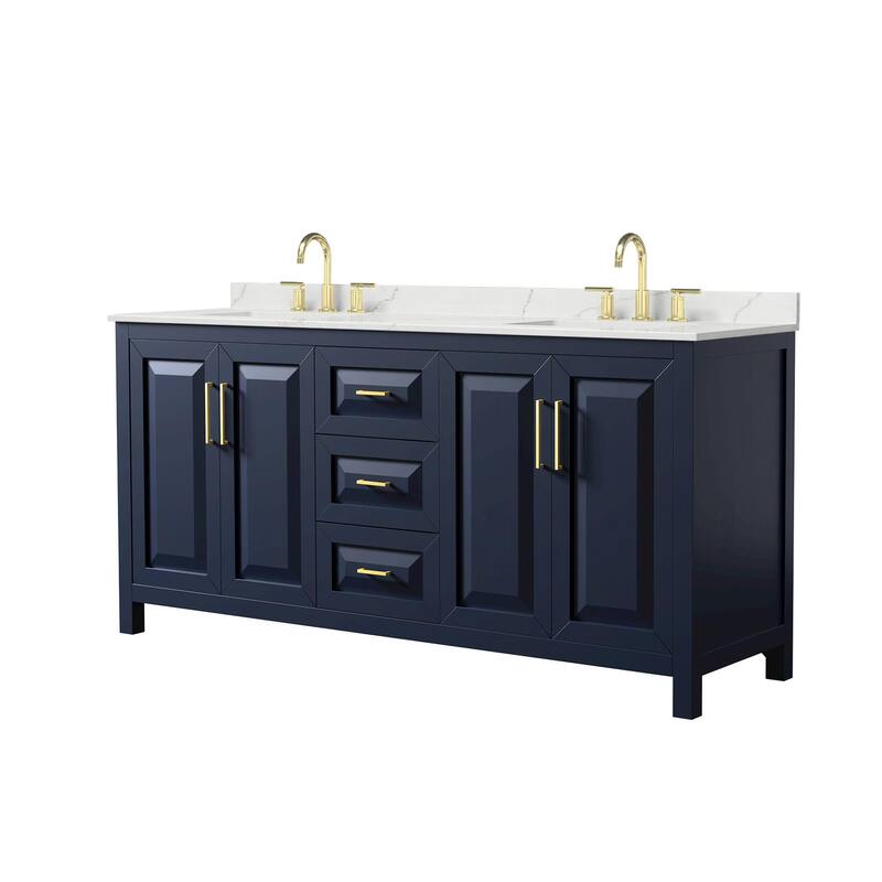 Daria 72-inch Double Vanity, 3 Hole Quartz Top - Dark Blue, Gold Trim, Giotto Quartz Top