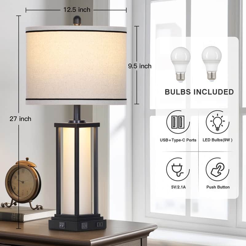 27'' Industrial Table Lamp with USB-C & AC Outlet, Dual Lighting, Black Metal & Glass Frame(Set of 2) - 12.5'' x 12.5'' x 27''