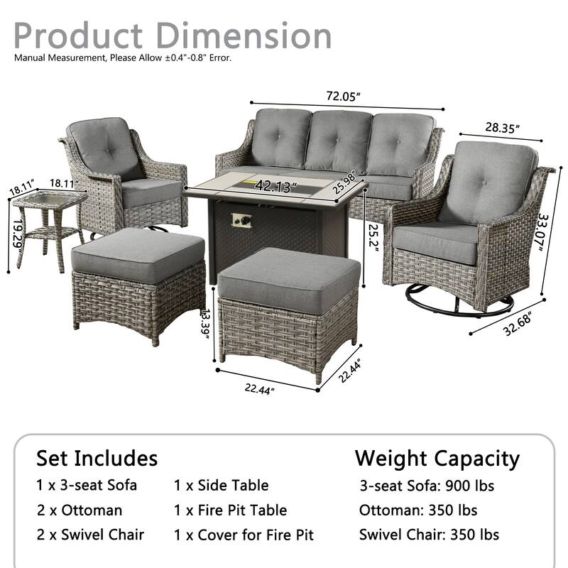 XIZZI 7-piece Patio Wicker Furniture High Back Chair Set with Firepit Table