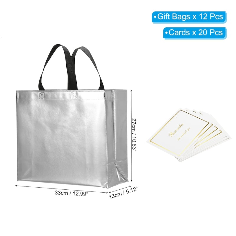 Gift Bags with Cards, 12 Set 13" Reusable Non-Woven Gift Goodie Bags - 13"x11"x5" - White