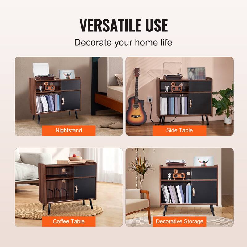 Turntable Stand with Storage, Holds 350 Records, Built-in Power Outlet - 34.25 x 14.37 x 30.51 inch