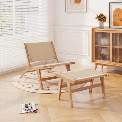 Modern Accent Chair w/ Ottoman Lazy Lounge Chair Set w/ Braided Rope