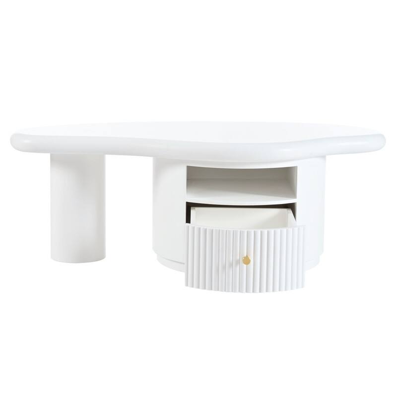 Cream Style Cloud-Shaped Coffee Table Set of 3, Irregular Design Cocktail End Table with Storage Drawer & 2 Small Stools