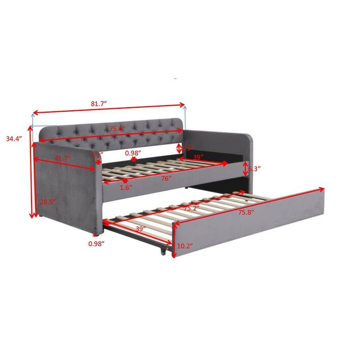 Twin Velvet Upholstered Daybed with Trundle and USB Charging Port, Tufted Backrest Sofa Bed for Bedroom or Living Room