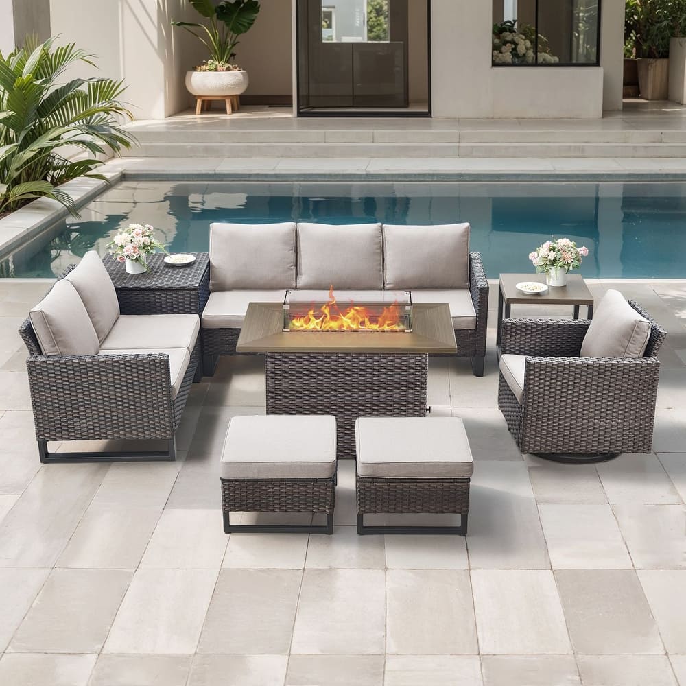 Gymojoy 6-8 Person All-Weather Wicker Outdoor Conversation Set Seating Group With Fire Pit Table