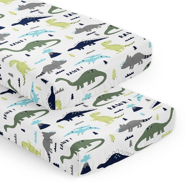 slide 2 of 6, Mod Dinosaur Blue Green Collection Boy 2 Pack Fitted Crib Sheets Turquoise Prehistoric Boho Bohemian Grey White Mod Dinosaurs