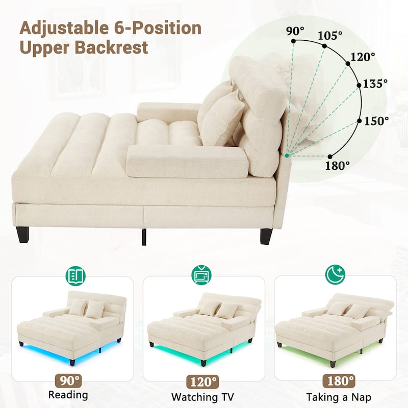 Modern Chaise Lounge Sofa 57.1" Sofa Bed Chenille Upholstered Lounge Sofa Chair with Adjustable Backrest and LED Light Strip