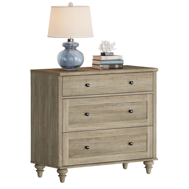 Nightstand Bedside Table, Wood Side Table with 3 Drawer - Wash Grey - 3-drawer