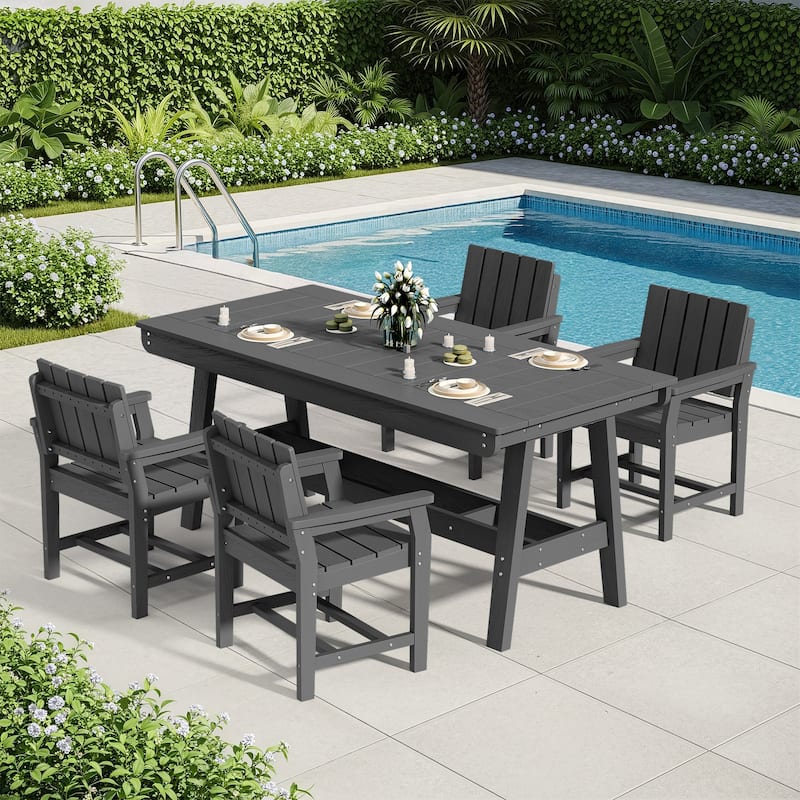 HDPE Patio Dining Set with Rectangular 67.91in W Table with Umbrella Hole and 4 Chairs - N/A