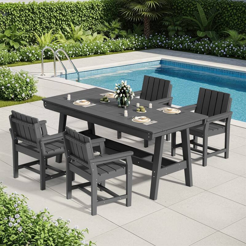 HDPE Patio Dining Set with Rectangular 67.91in L Table with Umbrella Hole and 4 Chairs - N/A - Grey