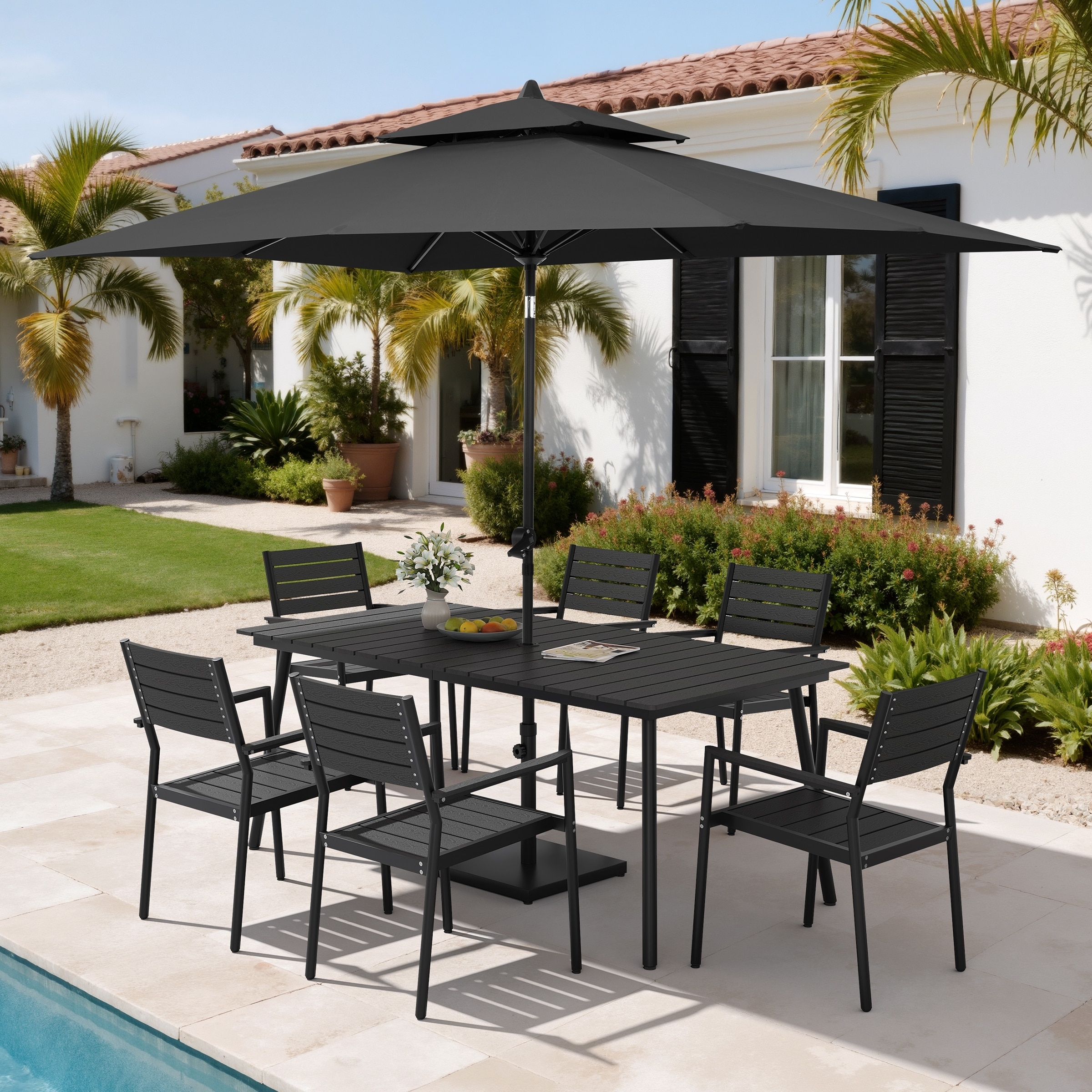 9PC Outdoor Patio Dining Set Wood-Like Aluminum Umbrella Hole Table with Stackable Armchairs,Double Top Market Umbrella and Base