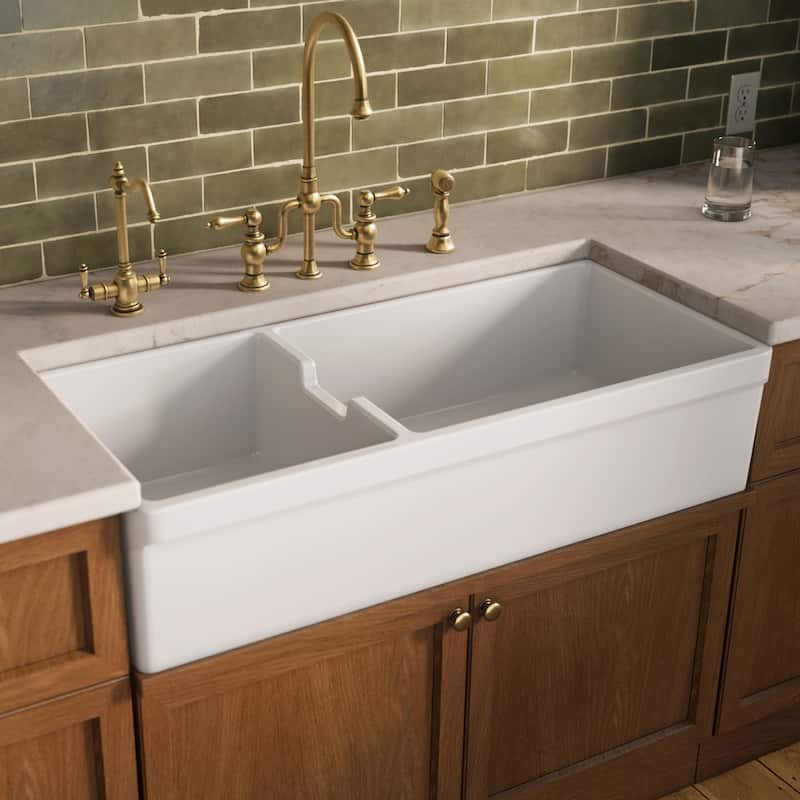 Large reversible double bowl fireclay kitchen sink