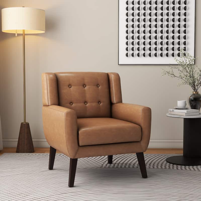 Modern Upholstered Faux Leather Tufted Armchair Linen Accent Chairs - 1-piece Chair - Brown/PU Leather