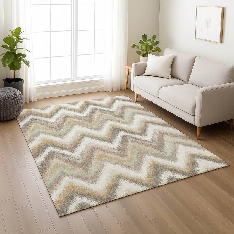 Machine Washable Indoor/ Outdoor Modern Chevron Chantille Rug