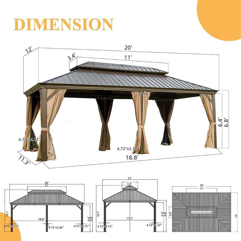 GDFStudio - Terry Outdoor Aluminum Hardtop Gazebo with Galvanized Steel Double Roof, Curtains & Netting