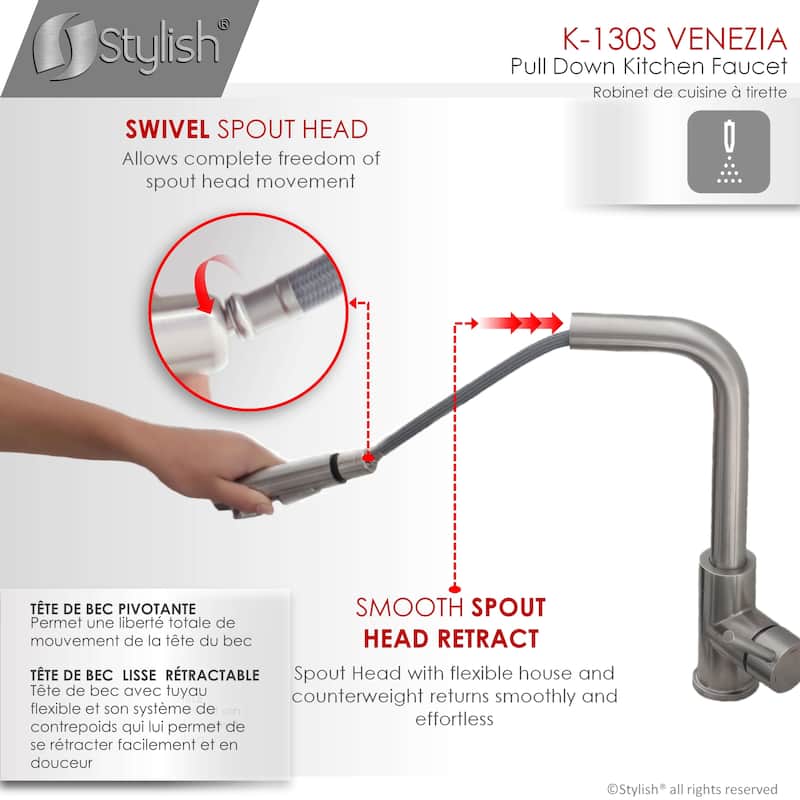 STYLISH Kitchen Sink Faucet Single Handle Pull Down Dual Mode in Stainless Steel - Faucet Height: 12 5/8" | Spout Height: 11"