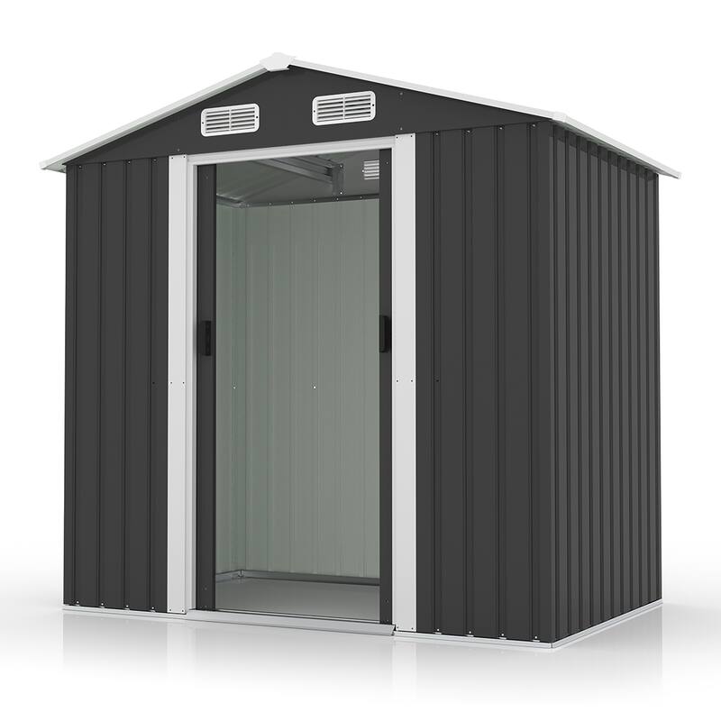 Large Outdoor Storage Shed Galvanized Iron Black with Slanted Roof and Double Sliding Doors - 77.36” x 51.57” x 73.82”