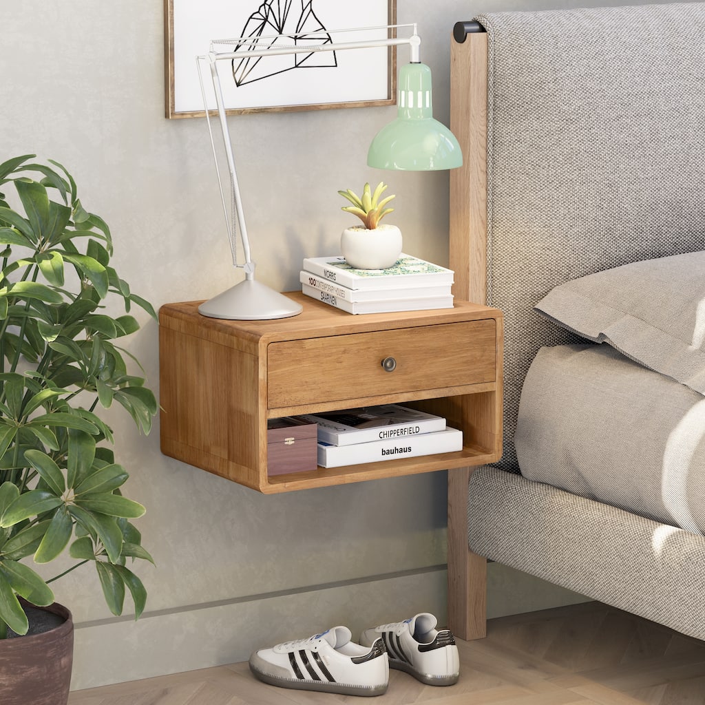COZAYH Farmhouse Rubber Wood Floating Nightstand, Transitional Wall Mounted Side Table with Open Slot, Fully Assembled
