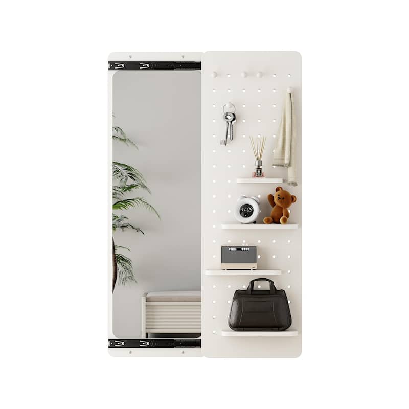Wall Mounted Full Length Mirror with Shelf and Hook Wall Mounted Mirror with Multifunctional Design Panel(47.6*15.7in)