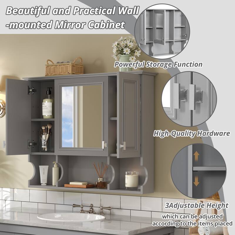 35 Inch Bathroom Mirror Cabinet, Wall Mounted Medicine Cabinet with 3 Doors and Open Shelves, Modern Storage Organizer