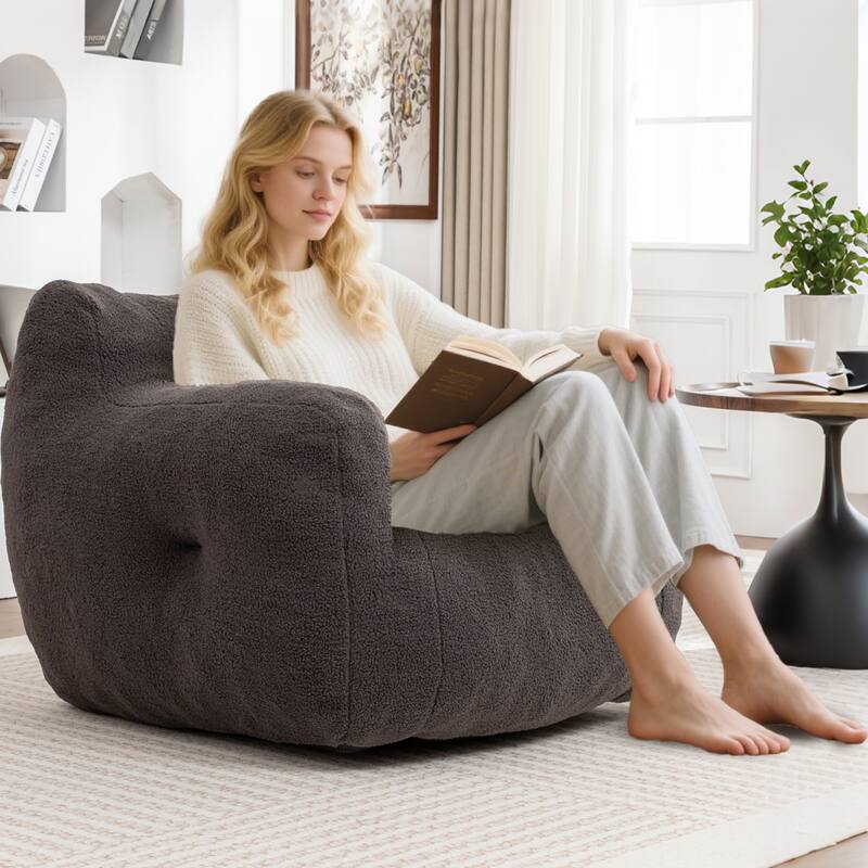 HOMEFUN Teddy Fabric Upholstered High-Density Foam Bean Bag Sofa Chair with Armrests - Dark Grey